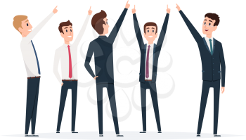 Businessman group pointing. Male managers standing and pointing top direction vector illustrations. Businessman people with finger showing