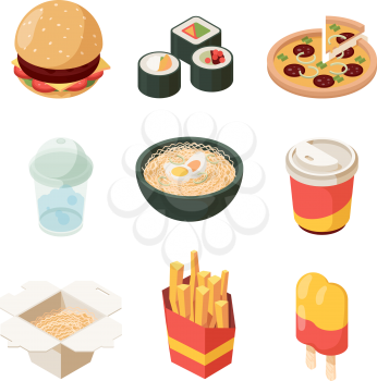 Junk food. Unhealthy products burger pizza hot dog fast food isometric vector pictures fast lunch. Pizza and burger, sushi and delicious french fries illustration