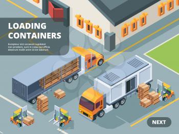 Logistic concept. Warehouse loading containers shipping transportation retail workers tracking industrial technology vector isometric. Illustration delivery transportation, isometric storage industry