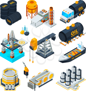 Oil industry. Gas oil station production tanks machinery factory technologies transport energy vector collection isometric. Oil gas industry, power energy illustration