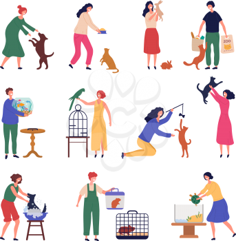 People pets. Perform man and woman walking with dogs puppies cats domestic animals fishes birds vector stylized characters. Dog and pets fish cat with owner illustration