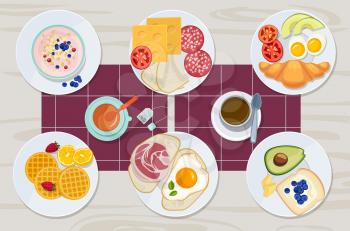 Healthy breakfast. Food daily menu cheese biscuits milk juice eggs butter meal vector cartoon products collection. Breakfast sandwich, cheese and butter, bread and meal illustration