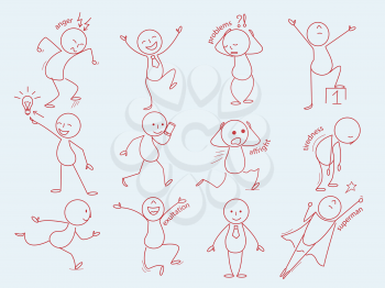 Stickman characters. Business person in doodle style cute expressions man funny poses office manager working vector line sketches. Stickman expression, tiredness, exultation and affright illustration