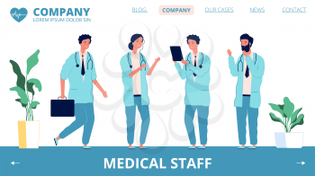 Hospital landing page. Medical staff vector characters. Different doctors and health workers web banner template. Medicine professional specialist, physician and doctor illustration