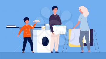 Housework. Mom with children cleaning and washing, ironing. Family is cleaning, laundry vector illustration. Housework cartoon mother, woman household