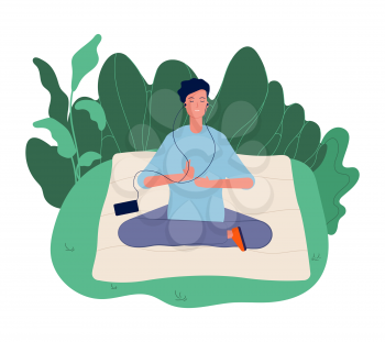 Meditation concept. Male meditating, yoga exercising. Wellbeing lifestyle, harmony energy and calm mind vector illustration. Lotus yoga meditating, meditate and concentration