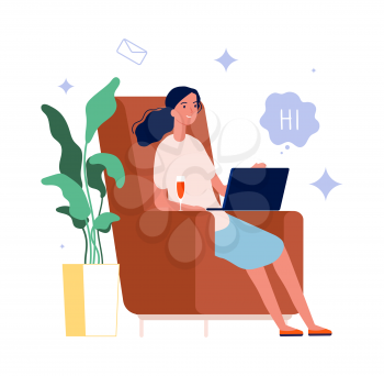 Online chat. Woman with wine glass and laptop. Video call, social media addiction or freelance work vector concept. Online communication, woman with laptop illustration