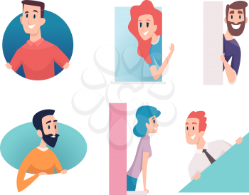 People peeking out. Man woman kids in framework look and standing balcony in house vector characters. Balcony woman and man, character female and male illustration