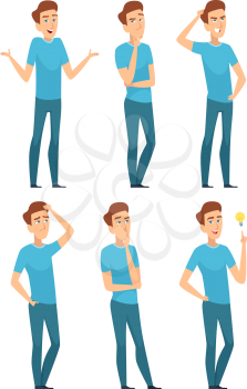 Thoughtful person. Thinking face of male expression pose worried asking question serious an doubt vector. Face male character expression and gesture pose illustration