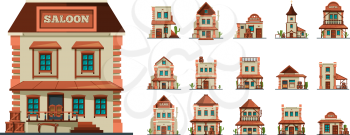 Western buildings. Wildlife west construction saloon country market banks american old houses vector flat style pictures. Illustration western saloon and architecture west american