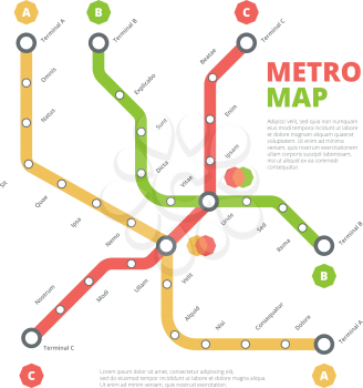 Metro map. City railway road direction transportation route urban lines vector colored scheme. Road railway, station and direction illustration