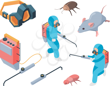 Pest destruction. Fumigation poison controlling pest insects service vector isometric. Illustration pest control, disinfection cockroach and rat