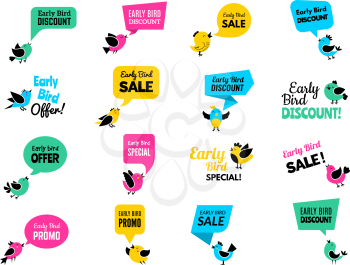 Early birds badges. Advertizing discount labels special business offers vector birds set. Illustration early bird discount offer, business promotion