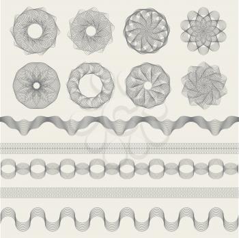Guilloche graphics. Vintage engraving waves for coupons money banknotes or certificate signs vector collection shapes. Certificate wave graphic watermark, decorative pattern illustration