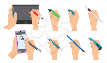 Hands writing. Writers holding pen and pencil vector cartoon tools. Illustration write and draw holding pen on tablet