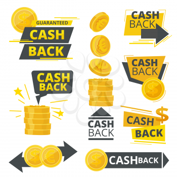 Cash back. Ads promotional badges stickers special offers vector money service pictures. Illustration cashback dollar, offer back cash