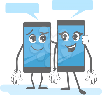 Smartphone dialog. Cartoon gadgets speaking together digital mobile devices smart speech vector characters. Dialog smartphone, phone communication illustration