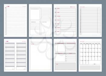 Organizer pages. Office agenda weekly template layout design goals in business diary vector. Office page agenda, organizer and schedule week or day illustration