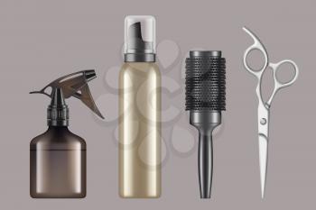 Hairdressing tools. Haircut hairstylist barbershop items hair dryer scissors shaving machine vector realistic. Illustration equipment haircut, comb and brush