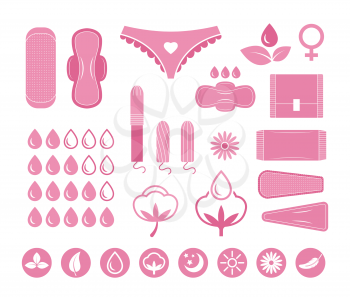 Menstruation period. Female hygiene, pants, pads and tampons. Women cycle vector icons set. Protection tampon and pad, cycle, female illustration