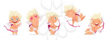 Amur babies. Funny cupid, little angels or god eros. Cute Greece kids with bow, heart hunters romantic vector characters. Cupid romantic angel, character cherub illustration