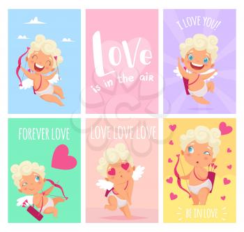 Love cards. Cute little amurs or cupid. St. Valentines day banners, vector feelings background. Love amur, angel and cupid on card greeting illustration