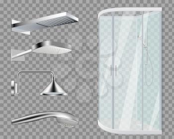 Shower stall. Shower Heads, realistic bathroom elements isolated on transparent background. Vector water metallic accessories set. Illustration shower bathroom, clean hygiene, purity hygienic tools