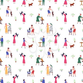 Pet owners. Flat animals and people. Men and women with dogs, parrot and cats. Vector seamless pattern animal and owner, dog and cat illustration