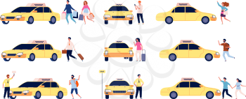 Characters and taxi. Person car passengers and taxi driver standing near car vector taxi service flat set. Passenger taxi, profession, driver auto illustration