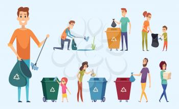 Recycling garbage. People sorting waste protect environment garbage separation process vector characters. Garbage recycle, waste recycling container illustration