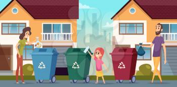 Garbage recycling. Waste separation people protect nature container for garbage vector cartoon background. Garbage and waste, rubbish and trash illustration