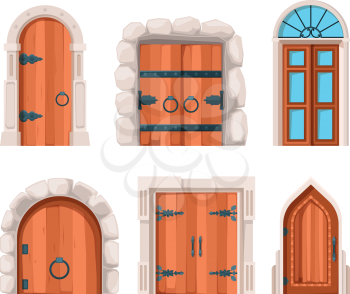 Ancient doors. Wooden stone medieval and old building doors and gates from castles vector designs. Collection door entrance and ancient architecture illustration