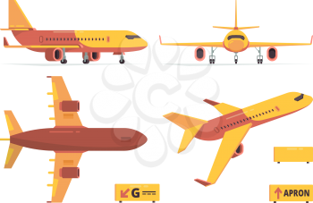 Aircraft flat. Civil aviation planes different views fly symbols vector collection. Illustration aviation, airplane and aircraft