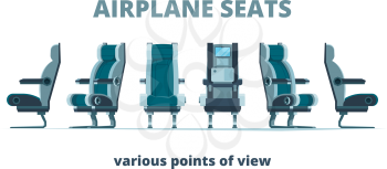 Airplane seat. Aircraft interior armchairs in different side view vector flat pictures. Illustration seat interior aircraft, comfort chairs