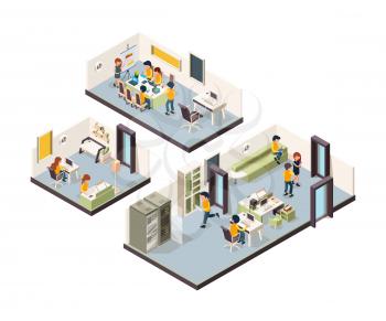 Coworking isometric. Corporate office interior open space creativity managers meeting groups freelancers talking vector low poly. Coworking layout open office, corporate workplace illustration