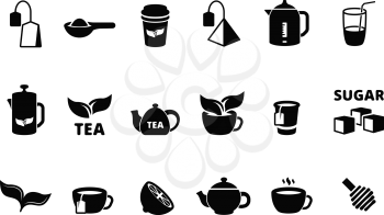Black tea icon. Hot tea with lemon biscuit bubble drinks beverage in cup england food vector collection. Silhouette hot tea with lemon, black drink cup illustration