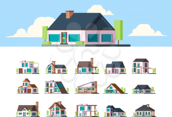 Residential houses. Suburban townhouse buildings countryside apartments flat property modern living exterior vector set. Different house, architectural cottage collection building illustration