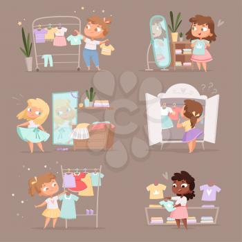 Wardrobe girl. Parent help choice clothes for kids changing room in marketplace vector cartoon illustration. Girl choice wardrobe, dress clothes on hanger