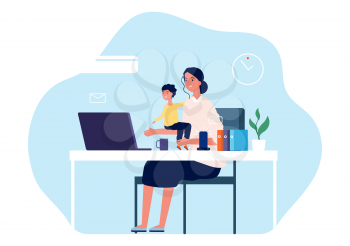 Mother working. Young woman with baby sitting at desk and computer. Freelance worker, motherhood or parenthood and career vector illustration. Mother work at computer laptop with baby