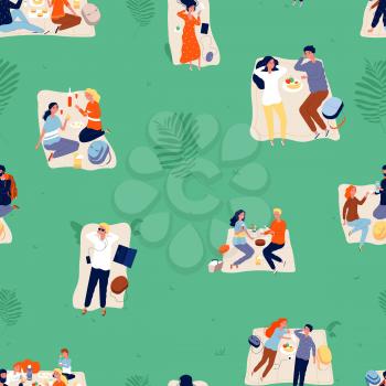 Summer outdoor recreation background. Picnic, couples and family relax. Rest time, seasonal activity in park vector seamless pattern. Family pattern summer outdoor relax in park illustration