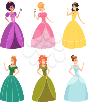 Fairytale princess. Fashioned fantasy girls in beautiful dresses cartoon princesses and queens childrens vector characters. Fairytale costume dress, glamour queen and charming illustration