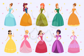 Elegant fairytale woman. Cartoon young beautiful princess fantasy fashioned childrens in colored costumes and dresses vector. Character fairytale, lovely costume, dress glamour illustration