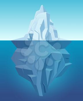 Iceberg in ocean. Big ice white rock in water polar landscape in cartoon style vector outdoor nature. Iceberg underwater, undersea and underside arctic illustration