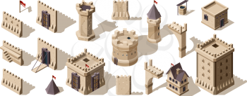 Castles isometric. Medieval buildings brick wall for low poly game asset old fort vector set. Architecture castle, old ancient building medieval.