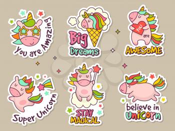 Unicorn badges. Fashion labels set or stickers with fairytale characters vector retro objects set. Unicorn rainbow, patch magic fairytale illustration