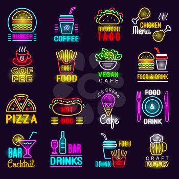 Products neon. Fast food lighting emblem for advertizing signs bar pizza drinks vector. Neon light signboard, restaurant and pizza cafe illustration