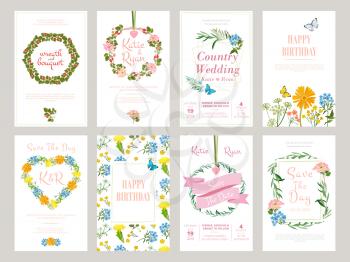 Floral cards. Botanical illustration for placard invitation wild flowers foliage vector template. Botanical card with header, blooming flyer