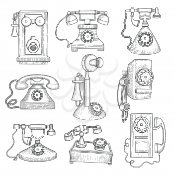 Retro telephone. Old ancient technology gadgets vector hand drawn communication objects. Retro old telephone, technology phone equipment illustration