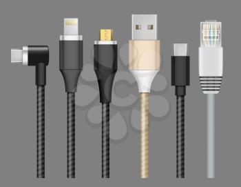 Connector realistic. Cable plug for devices charging and connection mobile wire lightning usb type-c vector set. Usb plug for connection phone, wire or cable connect illustration