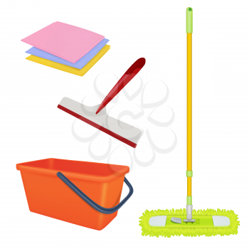Cleaning service equipment. Bucket brush floor broom washing tools vector realistic set. Brush broom, cleaner equipment, bucket for housework iillustration